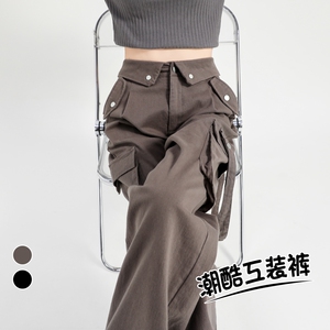 美式工装裤男女2024秋季新款设计感翻边高腰阔腿束脚运动裤P76图片