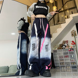 高街复古扎染裤子男女2024新款宽松直筒束脚抽绳阔腿休闲裤潮P58，男装休闲裤，四季星座218-1