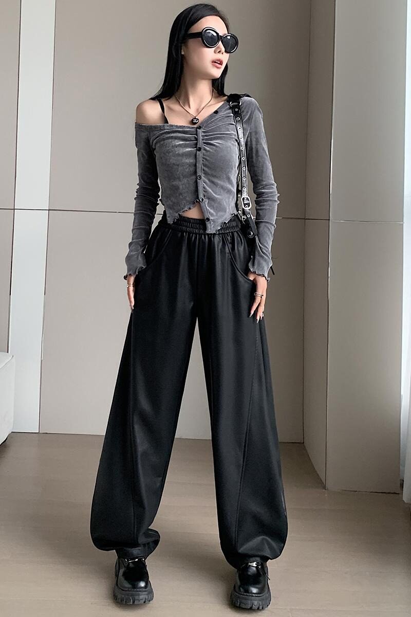 2024秋美式宽松高级感松紧腰阔腿裤直筒黑色PU皮皮裤休闲长裤P65,男装休闲裤,四季星座218-1