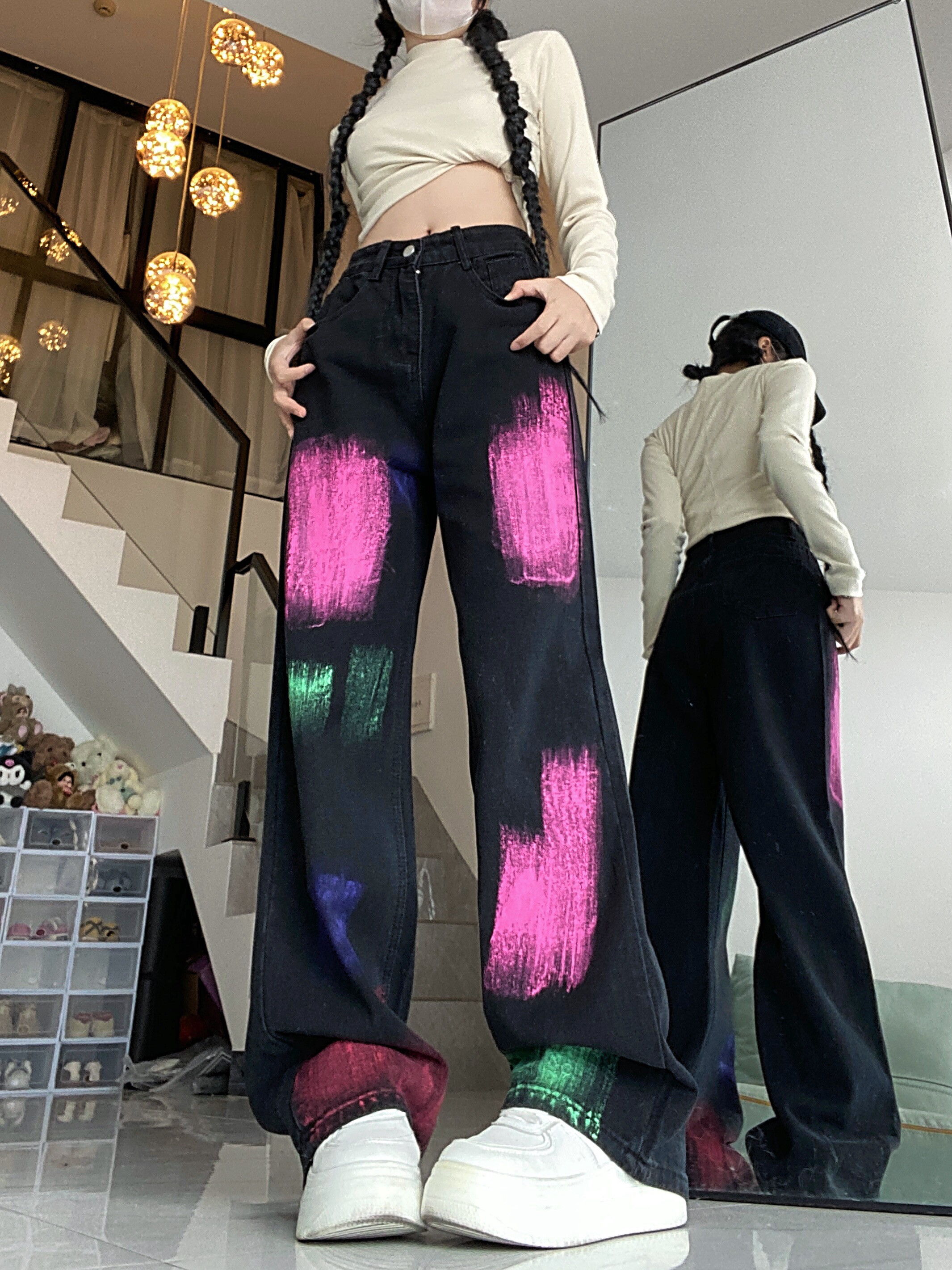 喷漆印花涂鸦美式男女复古创意百搭休闲宽松直筒阔腿裤insP55,男装牛仔裤,四季星座218-1