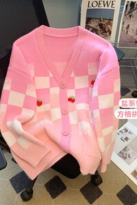 格纹开衫甜美休闲秋冬新款男女装毛衣外套学院风上衣针织衫P65图片