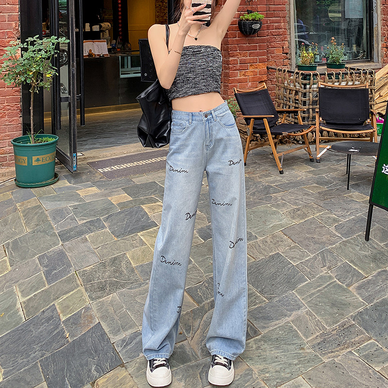 夏季薄款高腰显瘦阔腿裤2023新款牛仔裤女宽松直筒裤印花烫钻P60，女装牛仔裤，四季星座218-1