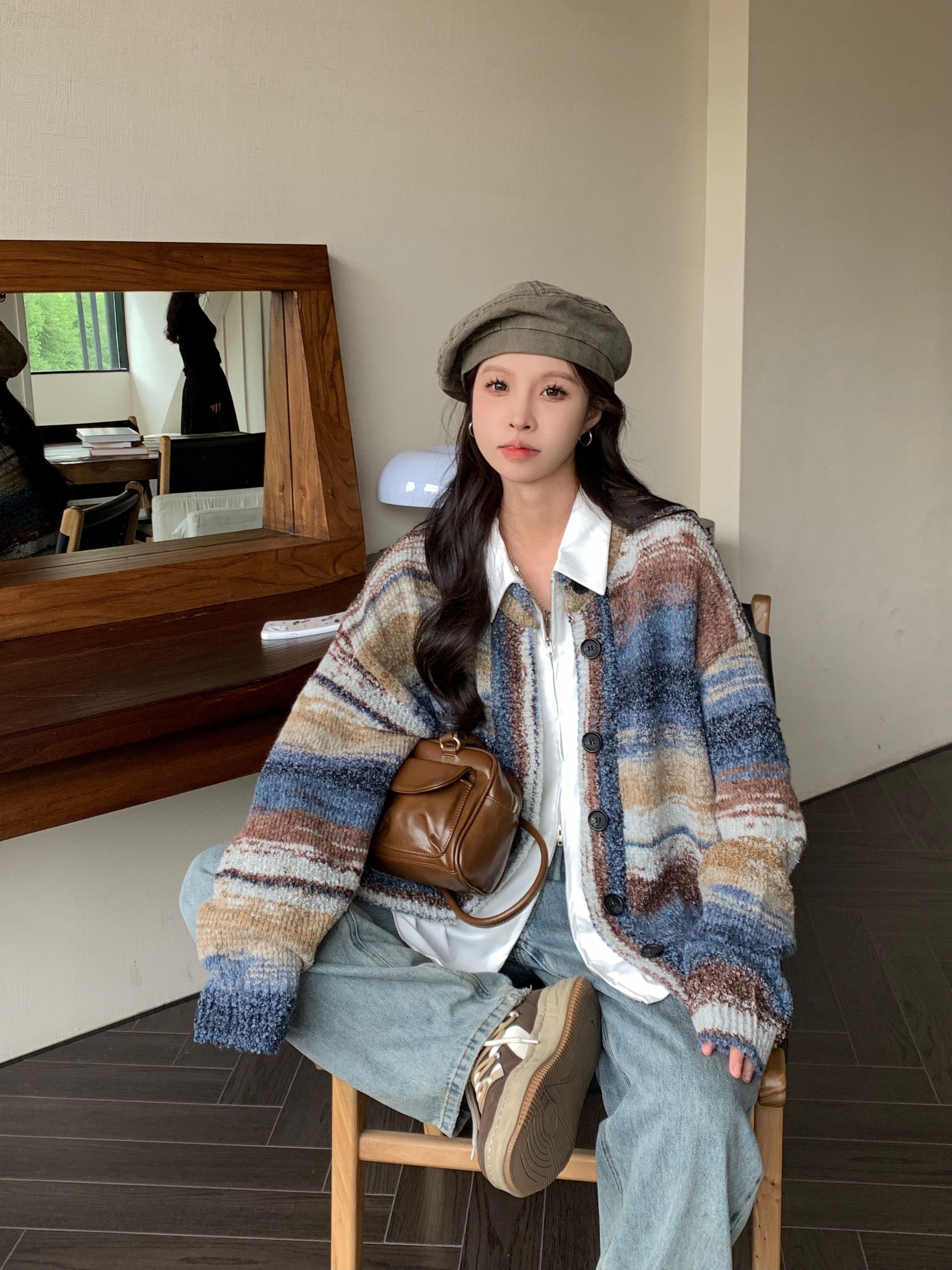 大码微胖韩版慵懒风条纹针织开衫长袖高级感毛衣外套P80,男装针织衫/毛衣,四季星座218-1