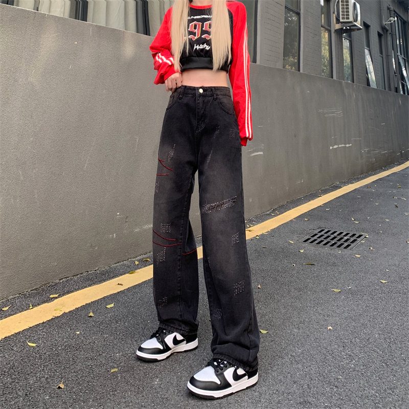 美式辣妹韩版牛仔裤ins潮秋磨破做旧水洗直筒宽松阔腿长裤子P58,男装牛仔裤,四季星座218-1