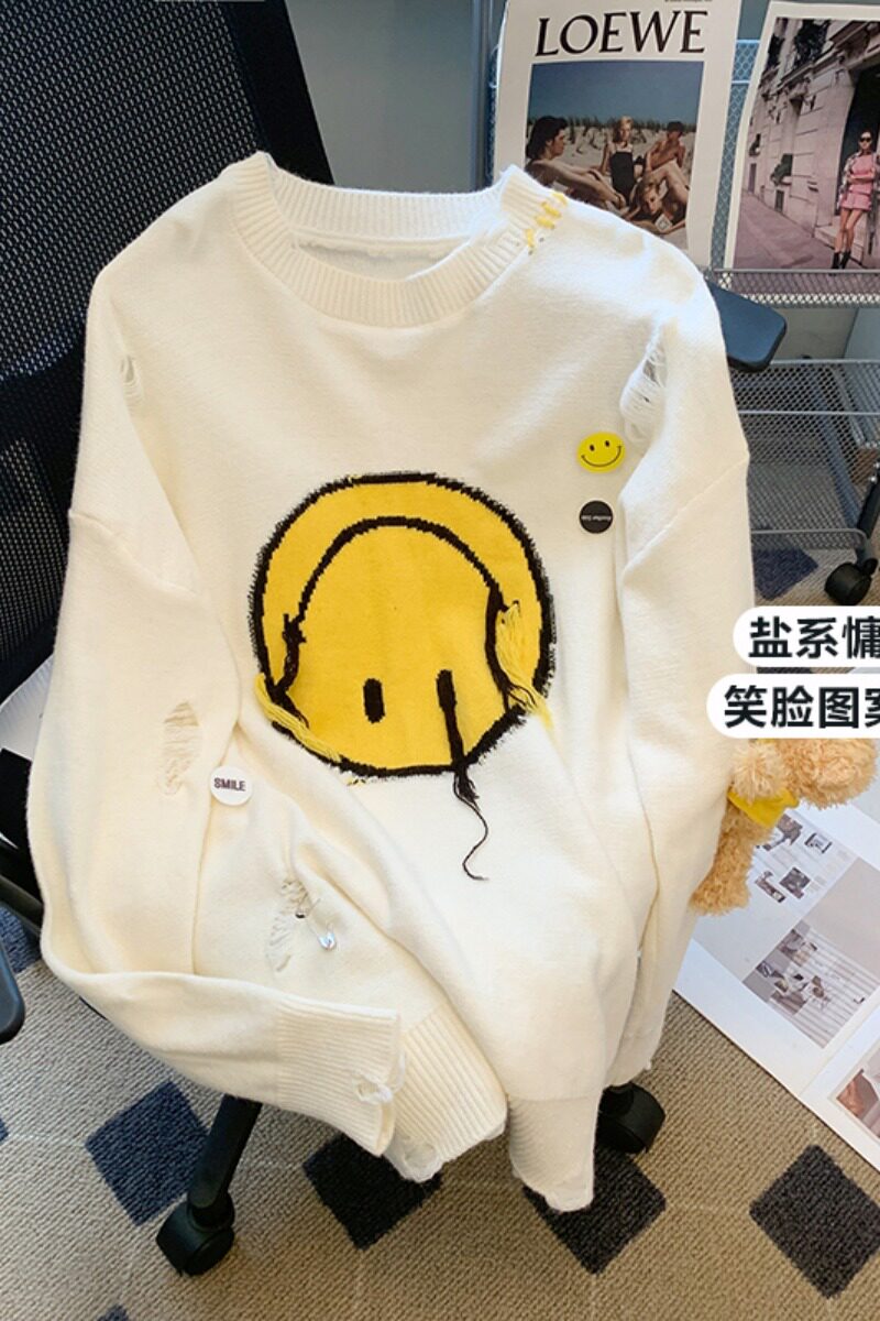 笑脸卡通立体玩偶小熊毛衣男女23秋冬新款刺绣圆领宽松针织衫P68,男装针织衫/毛衣,四季星座218-1