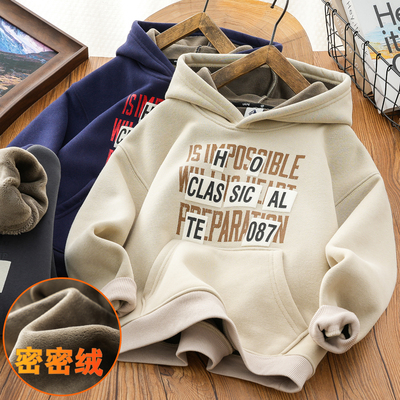 秋冬季2024男童加绒连帽卫衣加厚