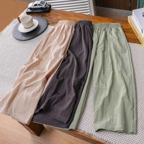 儿童夏新款软糯皱皱麻感防蚊裤中大童纯色立体拼接休闲百搭长裤薄