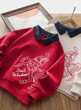 男女童红色加绒卫衣儿童新年喜庆polo衫2026新款中大童拜年服冬装