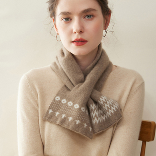 秋冬新款费尔岛风提花纯山羊绒围巾女交叉小围巾针织保暖护颈围脖