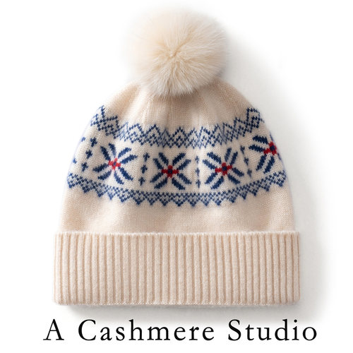 费尔岛风100%纯山羊绒提花毛球帽