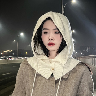 秋冬新款100%纯羊毛连帽围脖一体女保暖围巾百搭显脸小护耳针织帽