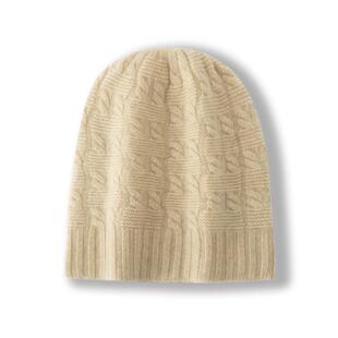 100纯山羊绒帽子女秋冬针织洋气百搭保暖绞花帽毛线帽