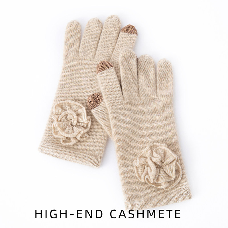 秋冬100%纯山羊绒手套女士纯手工编织玫瑰花朵五指分指触屏保暖