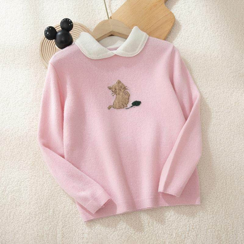 童装~100%纯山羊绒衫女童娃娃领提花可爱猫咪毛衣针织打底衫