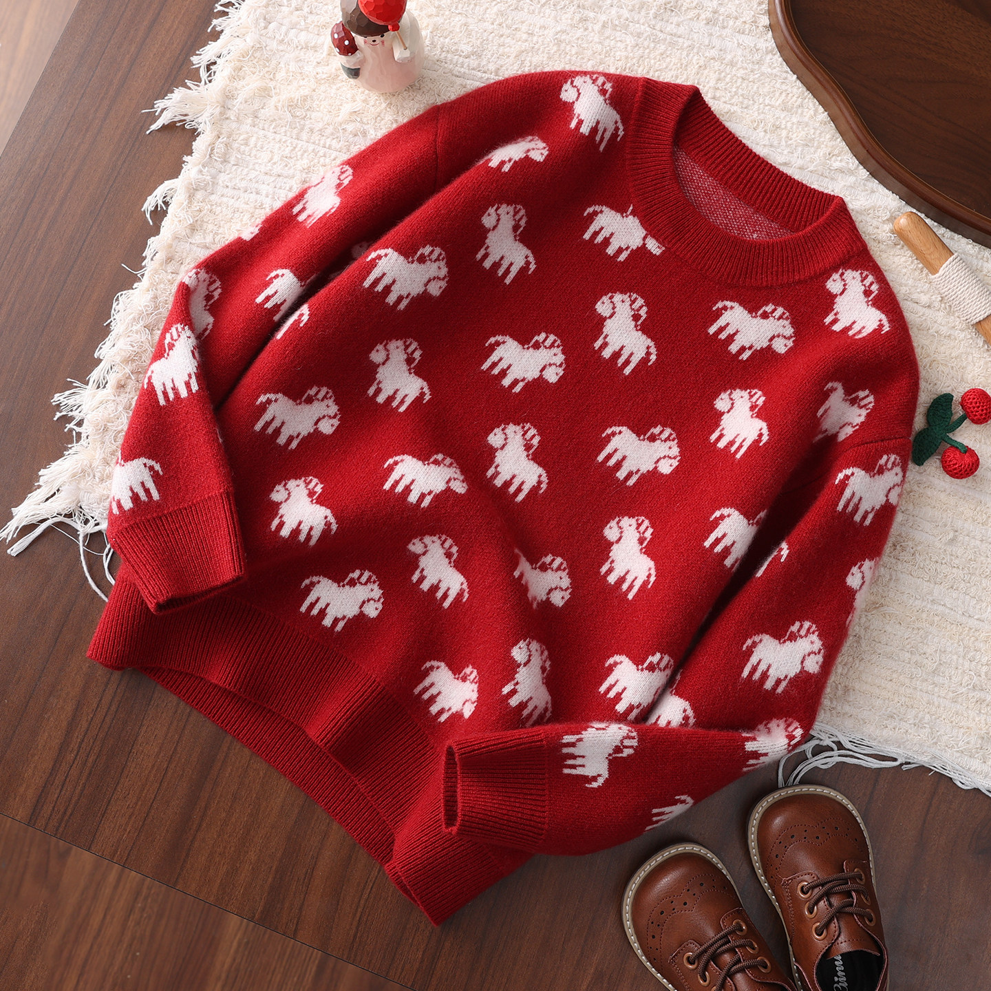 儿童秋冬新款100%山羊绒衫毛衣男女童套头加厚卡通针织衫打底上衣