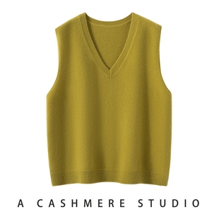秋冬纯山羊绒V领无袖 女宽松显瘦叠穿打底马甲背心黄色通勤 针织衫