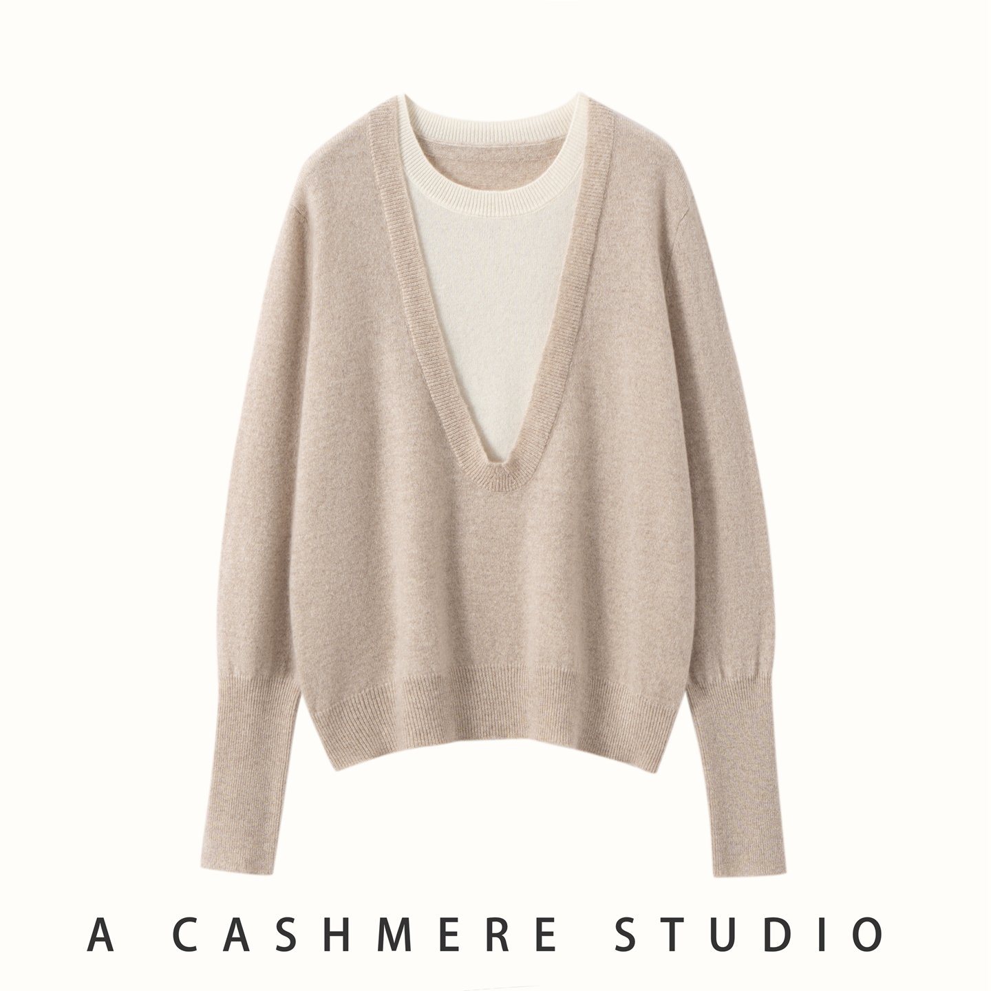 100%纯山羊绒衫女圆领拼色假两件