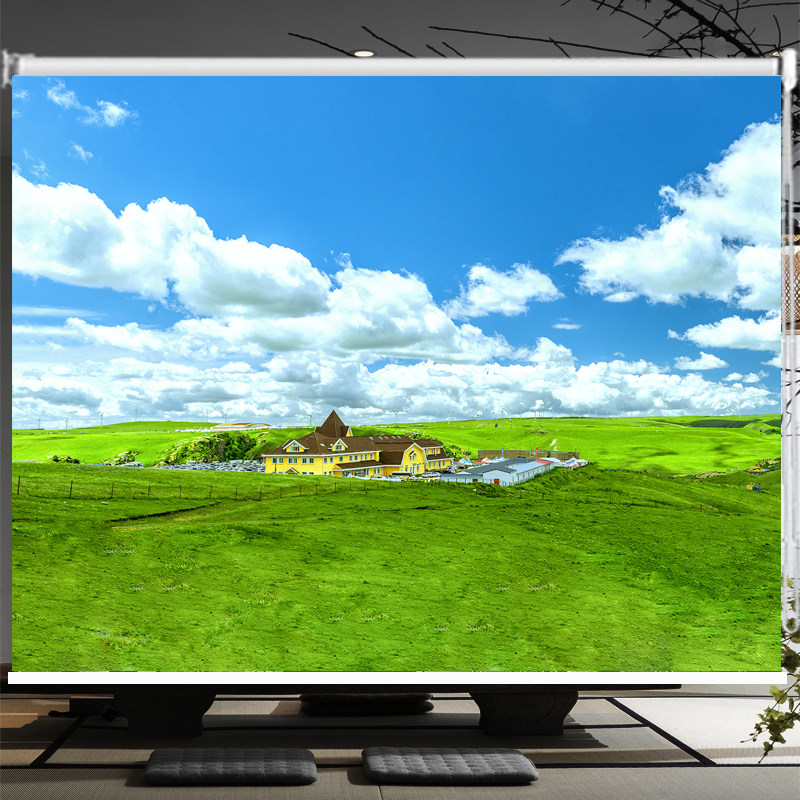 定制内蒙古草原蓝天白云草地风景牛羊画遮阳防晒上下升降卷帘窗帘