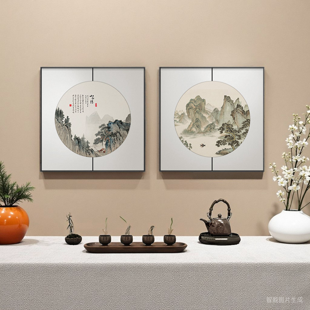 迎客松餐厅挂画新中式方形饭店包厢玄关装饰画茶室禅意山水墨壁画图片