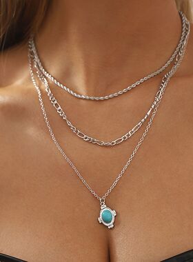 吊坠新款镶松石项链套装