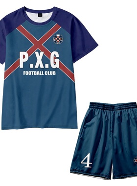 PXG蓝色足球服套装男女同款运动休闲短袖上衣短裤两件套