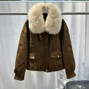 2025冬季新款休闲短款狐狸毛领鹿皮绒白鸭绒羽绒服夹克外套女8877