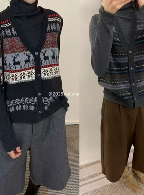 2025冬季新款羊毛针织半高领打底衫+V领提花开衫外套两件套11853
