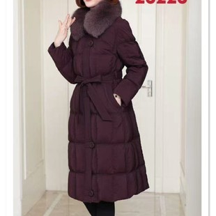 收腰系带白鹅绒羽绒服外套25225 连帽狐狸毛领中长款 2025冬季 新款