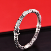 灵石创艺时尚 纯银手镯女复古做旧民族风首饰镶嵌和田玉镂空银镯子
