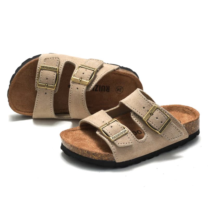 夏季牛皮儿童软木拖鞋