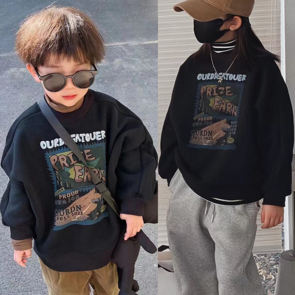 韩国潮牌街舞男女童加厚外套秋冬季新款休闲涂鸦字母儿童加绒卫衣