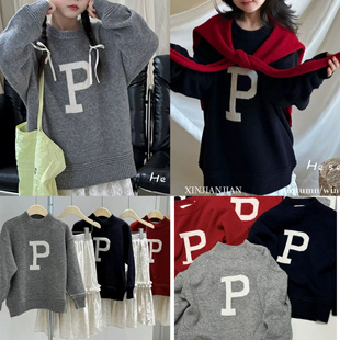 心尖尖波拉韩国潮牌童装秋冬款女孩圆领宽松针织厚毛衣儿童羊毛衫