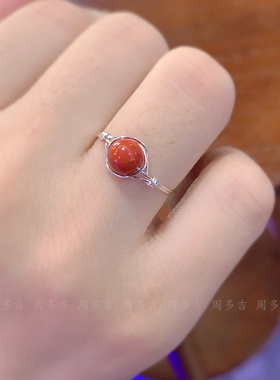 天然红朱砂纯银戒指原创轻奢手工定制99足银本命年路路通指环女