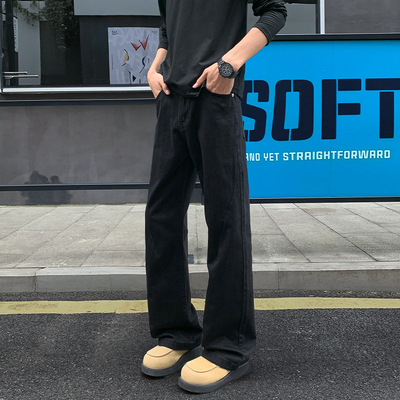 黑色弯刀牛仔裤男款显腿长美式高街vibe裤子修身直筒窄版微