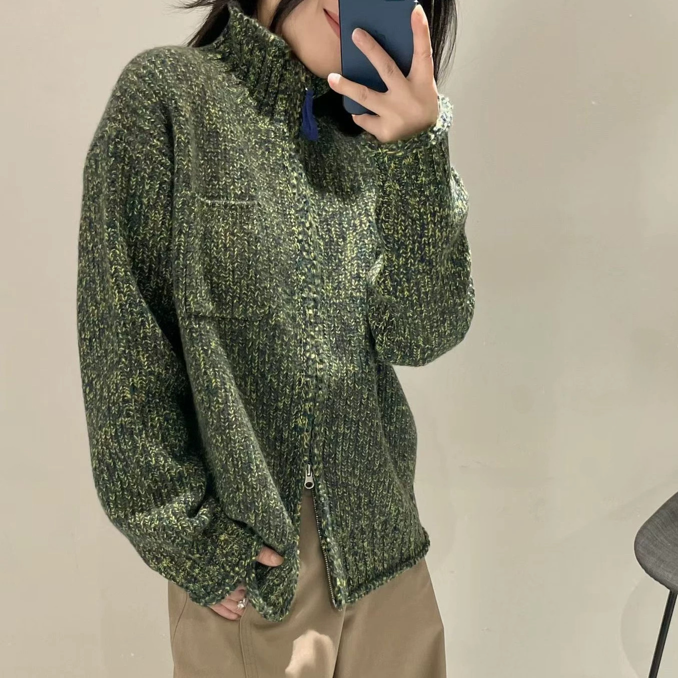 欧货老钱风 复古双拉链立领绿色花纱100%山羊绒针织开衫外套女