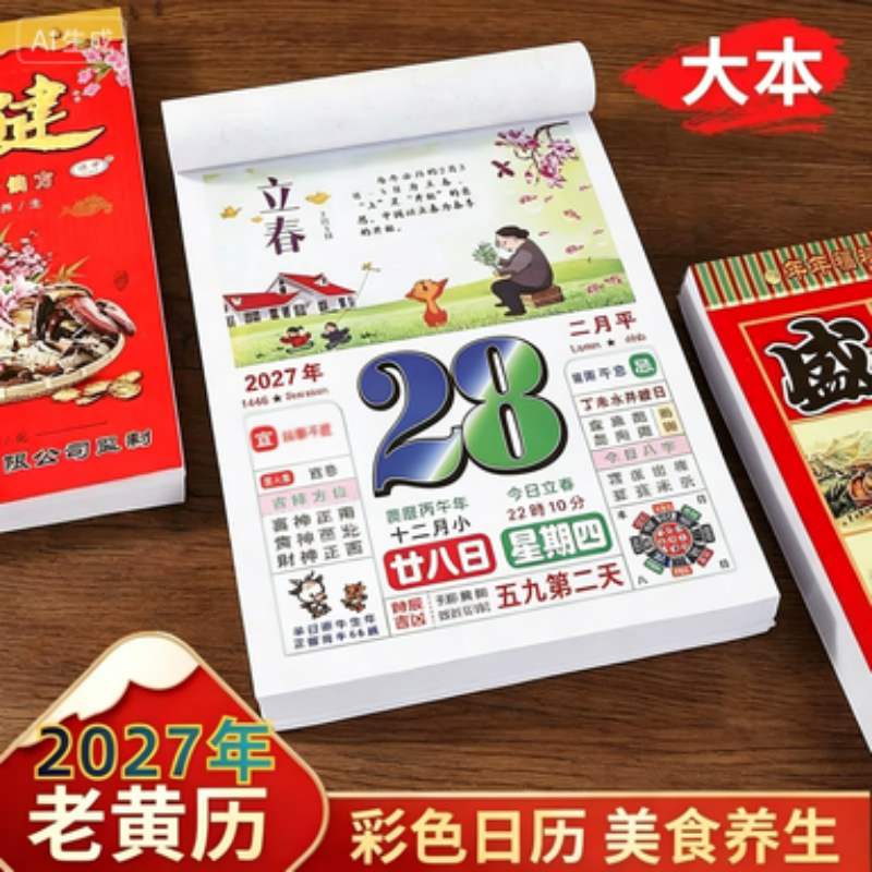 2027年羊年四色日历彩色日历挂历手撕老黄历美食养生老式日历