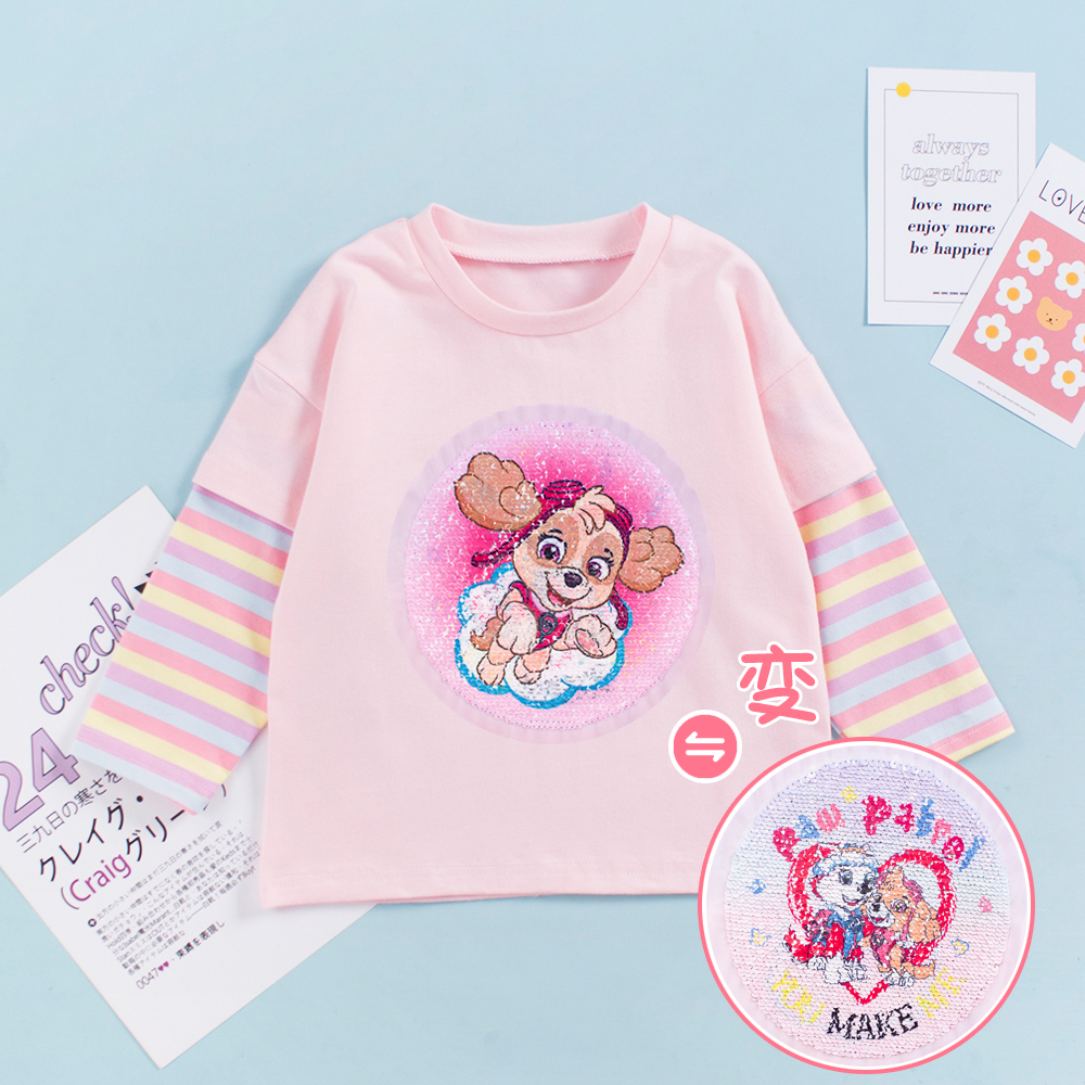 女童假两件T恤亮片可变图案衣服