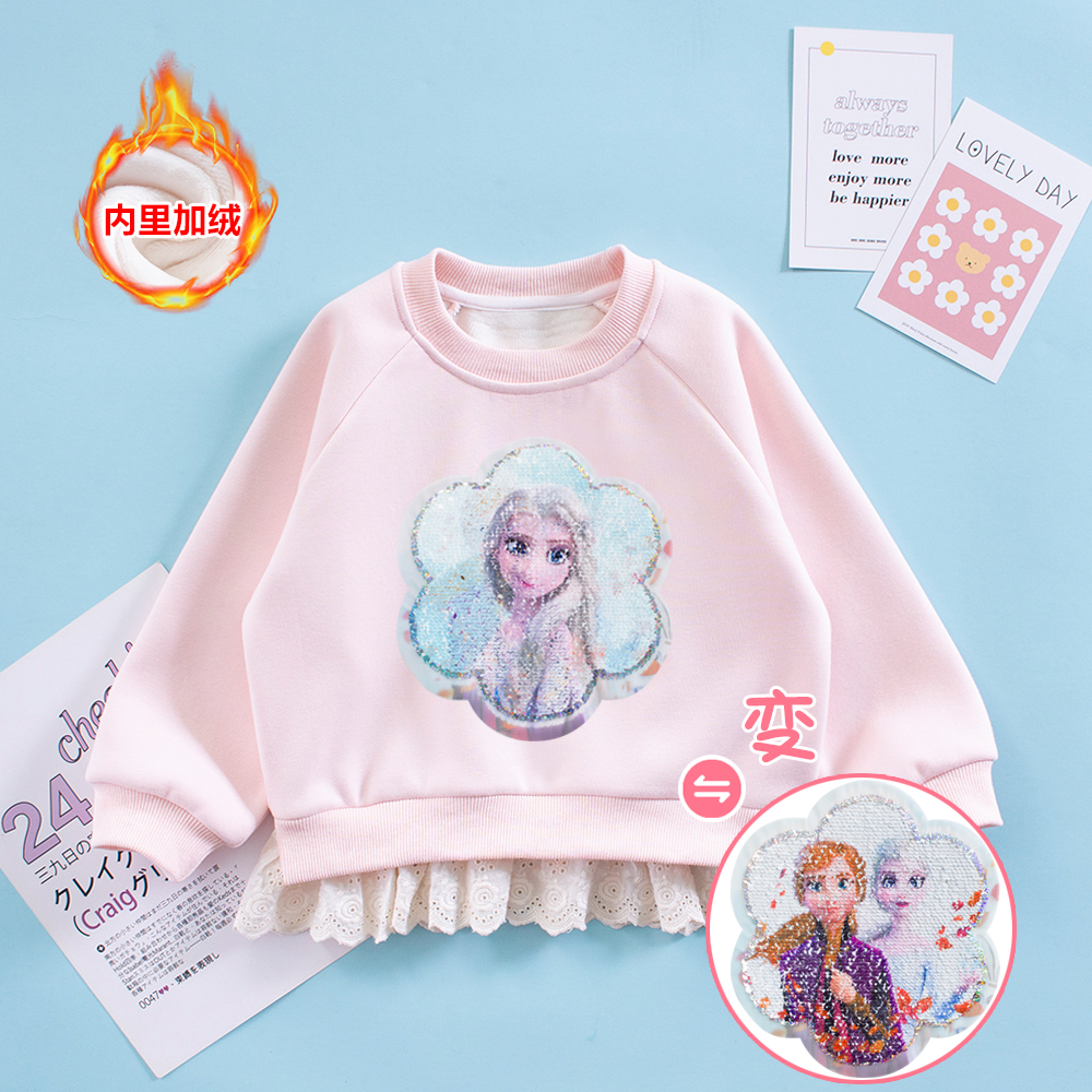 女童花边假两件上衣秋冬加绒卫衣