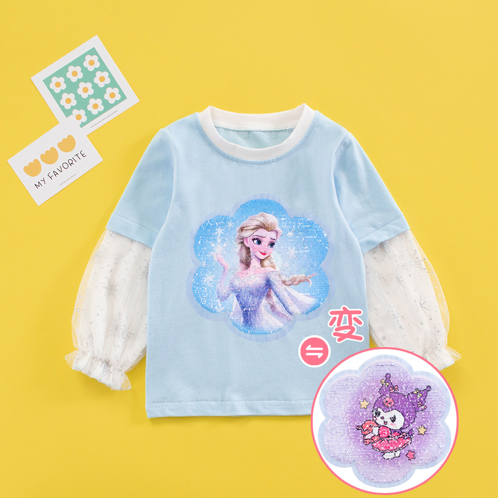 女童假两件T恤亮片可变图案衣服图片