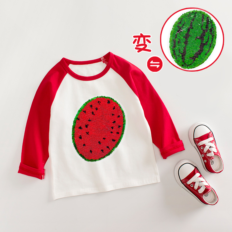 儿童西瓜亮片可变图案衣服春秋款