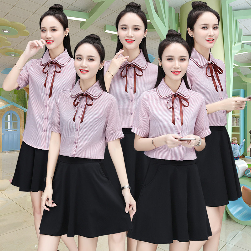 教师夏季套装幼儿园老师服装文艺衬衫裤裙二件套幼师工作服团购