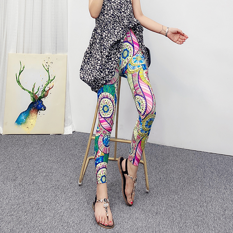 八分裤打底裤薄款女外穿弹力彩色紧身瑜伽裤高腰波普印花小脚裤子