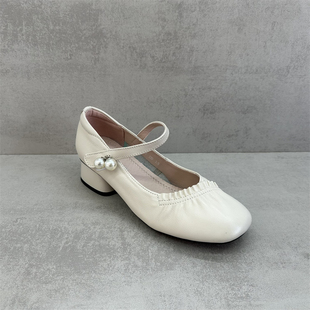 撤柜处理断码女鞋2026春款真皮褶皱方头浅口单鞋魔术贴平跟妈妈鞋