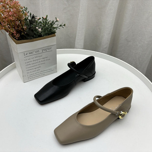 断码处理2025春款真皮女鞋通勤百搭方头低跟一字带浅口羊皮女单鞋