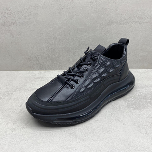 断码处理2024秋款真皮男鞋松紧带圆头厚底增高运动休闲皮鞋男单鞋