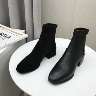 工厂处理断码真皮女靴2022冬季新款棉里舒适套筒牛皮方头中跟短靴