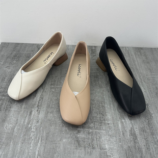 断码处理2023春季新款真皮女鞋方头浅口百搭简约休闲低跟舒适单鞋