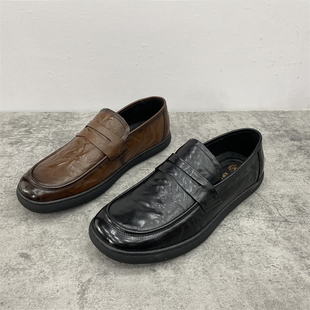 深口套脚平底复古风休闲男士 撤柜处理真皮男鞋 2022夏季 新款 乐福鞋