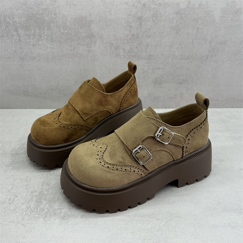 撤柜处理断码女鞋2026春款勃肯鞋厚底复古风圆头魔术贴粗跟女单鞋