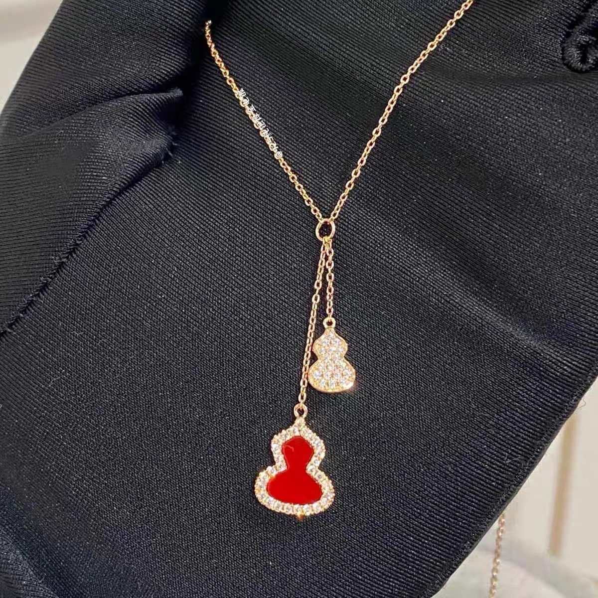 S925纯银国潮系列葫芦项链镀18K玫瑰金镶钻红玛瑙女士锁骨链